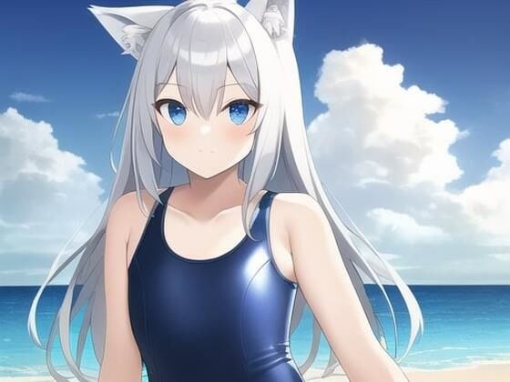 At the beach with the silver-haired wolf girl in school swimsuit