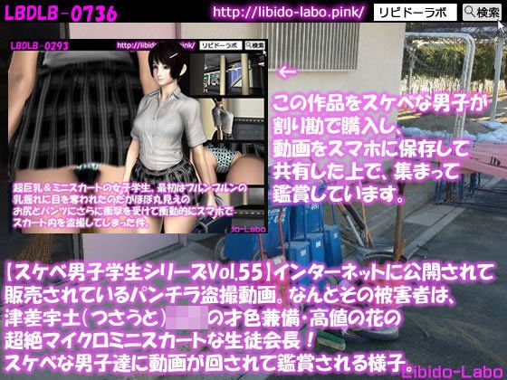 ●【スケベ男子学生シリーズVol.55】インターネットに公開されて販売されているパンチラ盗撮動画。なんとその被害者は、津差宇土（つさうと）学校の才色兼備・高値の花の超絶マイクロミニスカートな生徒会長！スケベな男子達に動画が回されて鑑賞される様子。 メイン画像