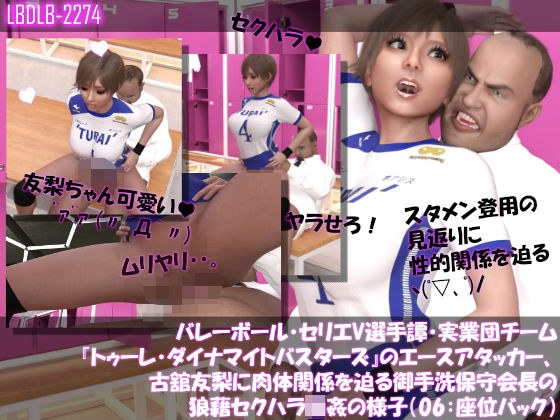 【●100△100】バレーボール・セリエV選手譚・実業団チーム『トゥーレ・ダイナマイトバスターズ』のエースアタッカー、古舘友梨に肉体関係を迫る御手洗保守会長の狼藉セクハラ強●の様子(06:座位バック) メイン画像