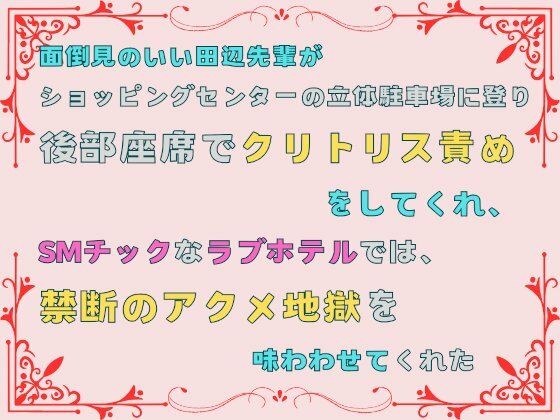 面倒見のいい田辺先輩が、ショッピングセンターの立体駐車場に登り後部座席でクリトリス責めをしてくれ、SMチックなラブホテルでは、禁断のアクメ地獄を味わわせてくれた。 メイン画像