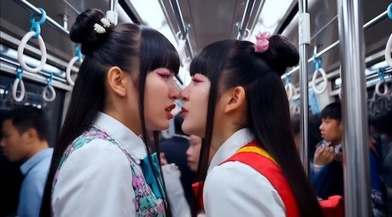 【満員電車】鼻と鼻をくっつけて睨み合う両者。 メイン画像