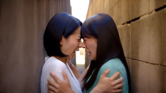 （ボイス有り）壁に挟まれ身動きが取れない中で鼻と鼻がぶつかって言い争いになるふたり。 メイン画像