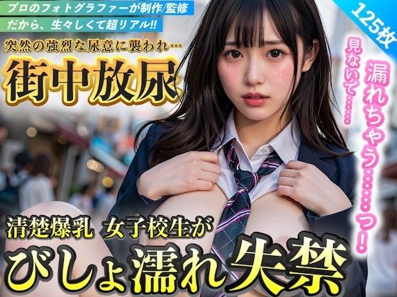 【実写系AI写真集】女子校生街中放尿おもらし 〜清楚爆乳女子校生が人前でびしょ濡れ失禁〜 Vol.1 メイン画像