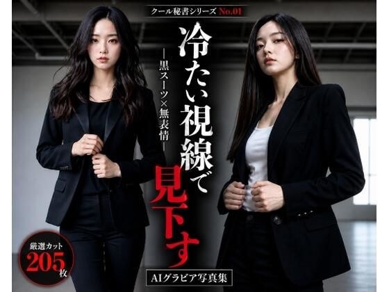 クール秘書シリーズ1  冷たい視線で見下す美人秘書  黒スーツ×無表情で立つ姿が刺さる205枚【AIグラビア写真集】 メイン画像