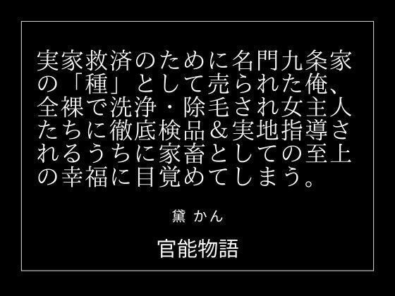 実家救済のために名門九条家の「種」として売られた俺、全裸で洗浄・除毛され女主人たちに徹底検品&実地指導されるうちに家畜としての至上の幸福に目覚めてしまう。 メイン画像