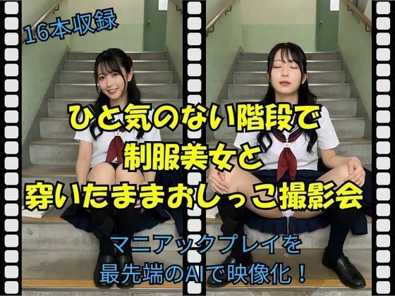Photo session with a beautiful woman in uniform on a deserted staircase where she pees in her uniform